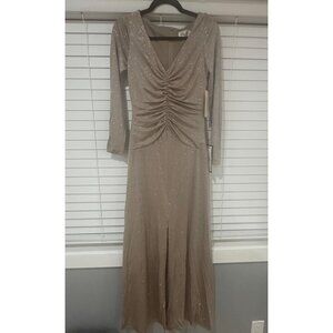 Eliza J Womens Glitter Ruched Long Sleeve Evening Gown Size 6 Champagne